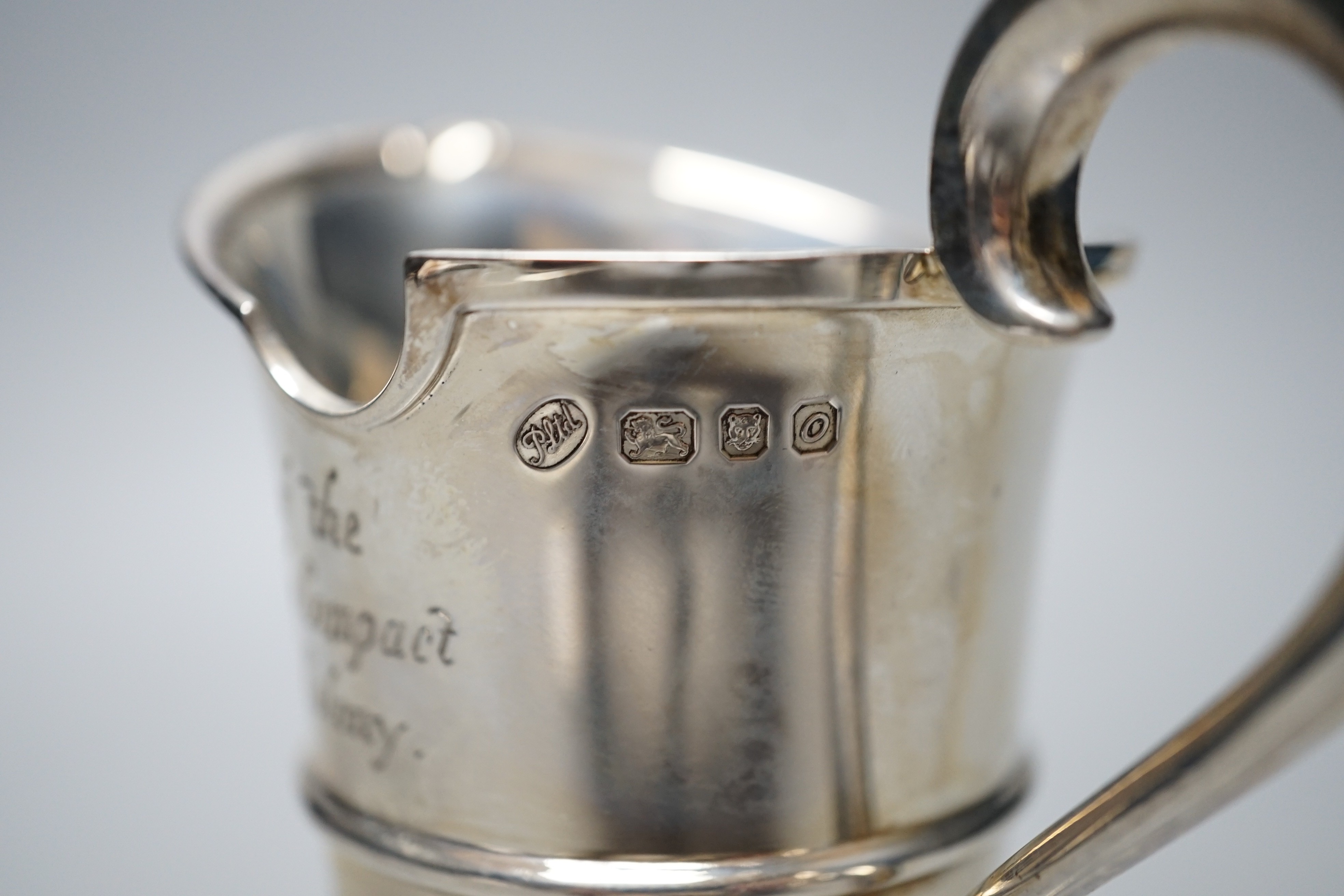 A modern limited edition silver cream jug, commemorating the 350th Anniversary of the sailing of the Mayflower, P Ltd, London, 1969, 14.5cm, 7.2oz.